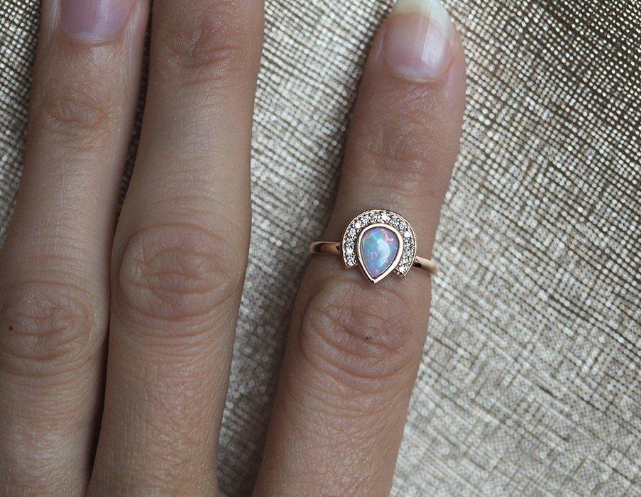 White Pear Opal Halo Ring with Round White Diamonds