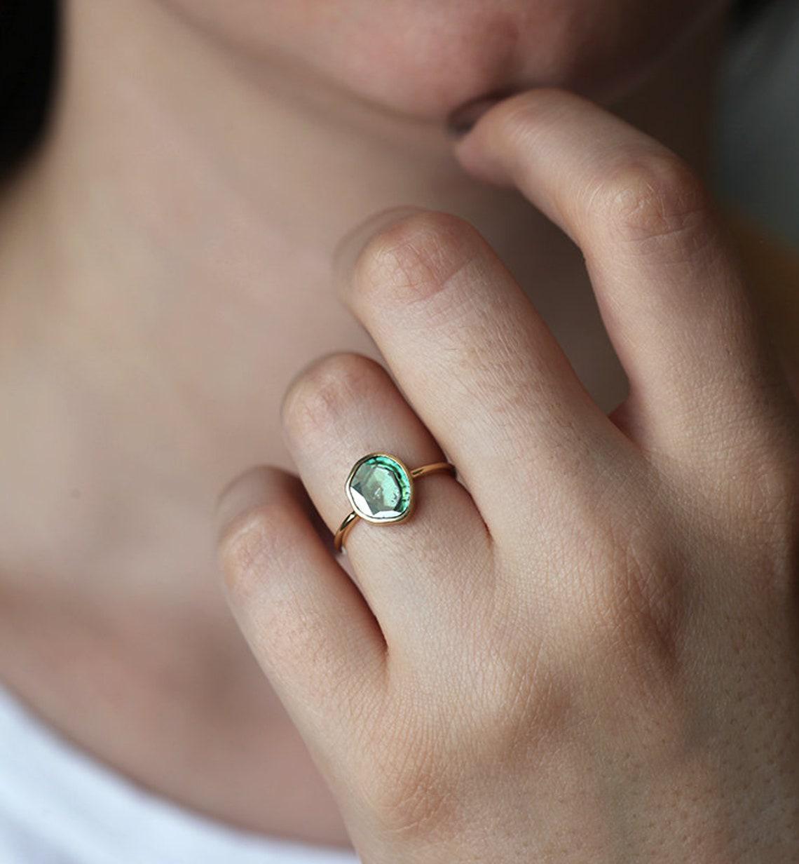 Unique Shape Green Salt & Pepper Diamond Ring