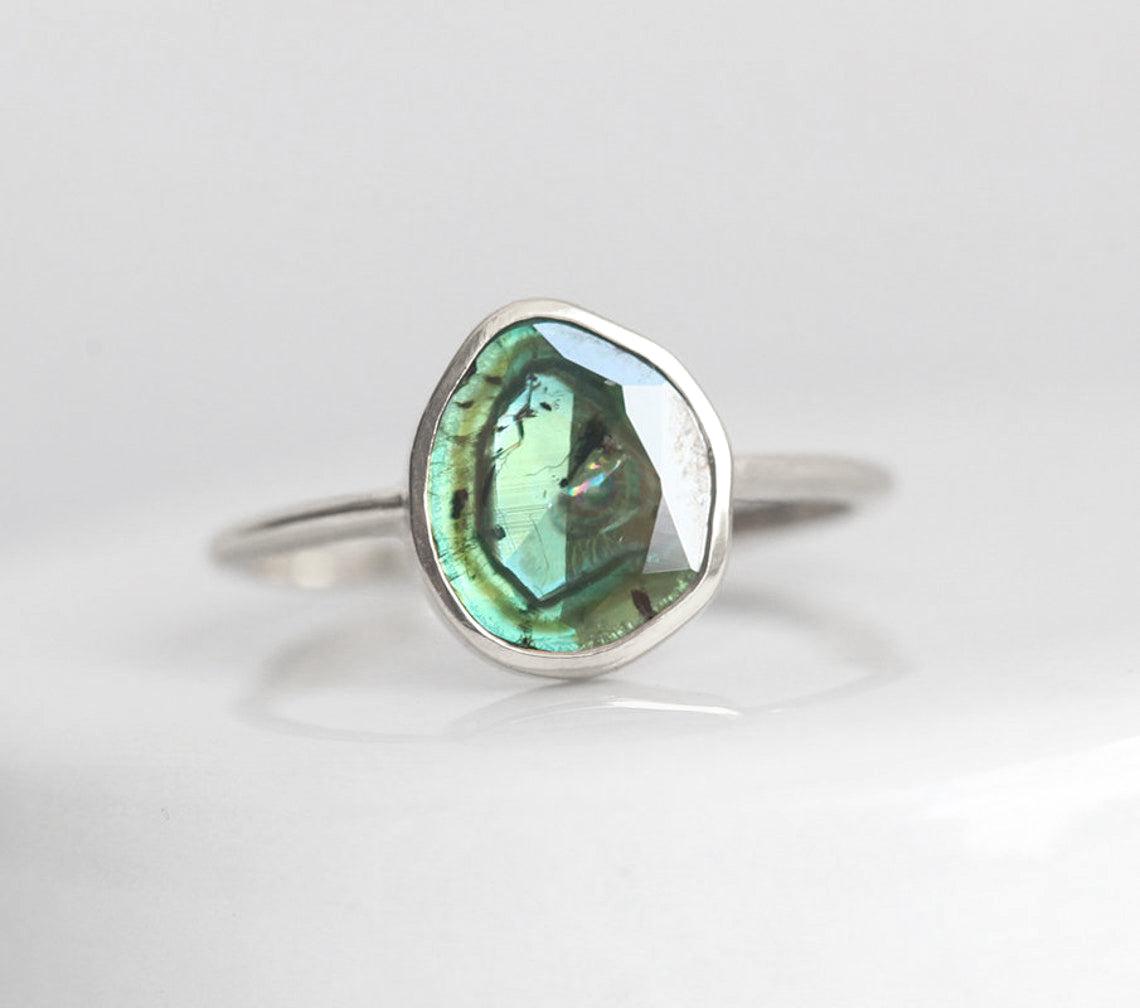 Unique Shape Green Salt & Pepper Diamond, Platinum Ring