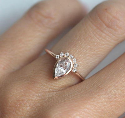 Pear Cut White Diamond Ring With Diamond Crown