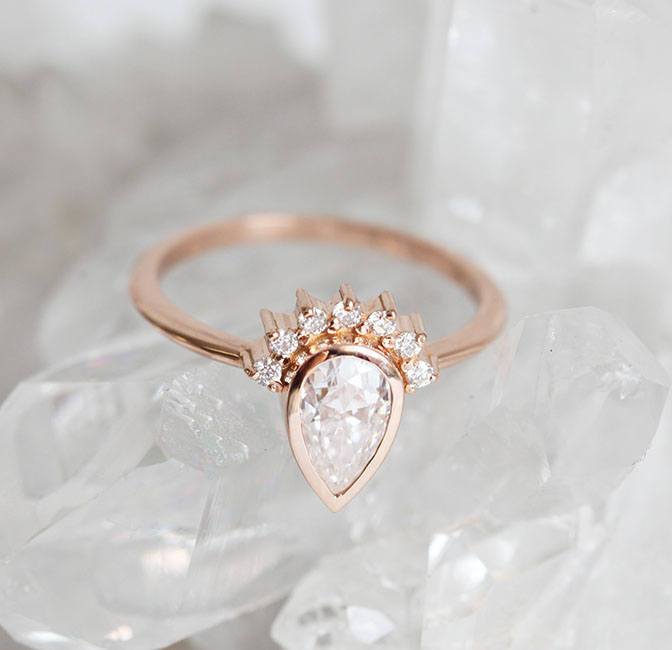 Pear Cut White Diamond Ring With Diamond Crown