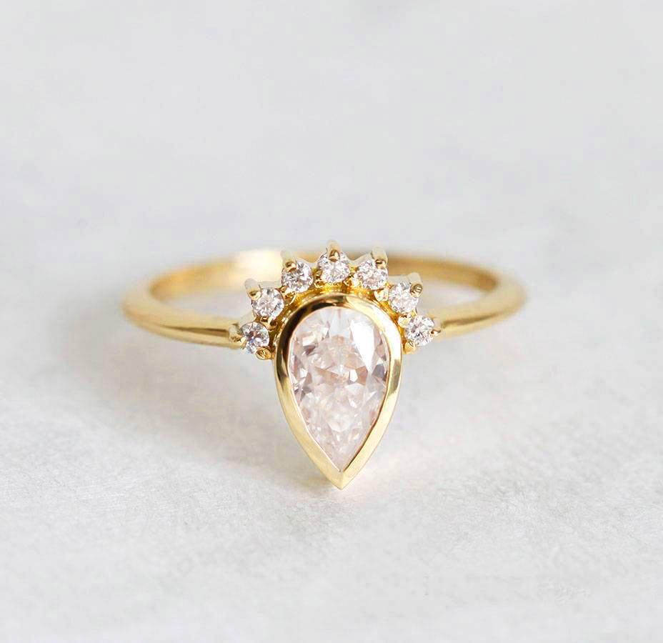 Pear Cut White Diamond Ring With Diamond Crown