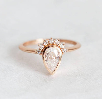 Pear Cut White Diamond Ring With Diamond Crown