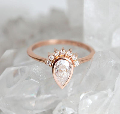 Pear Cut White Diamond Ring With Diamond Crown