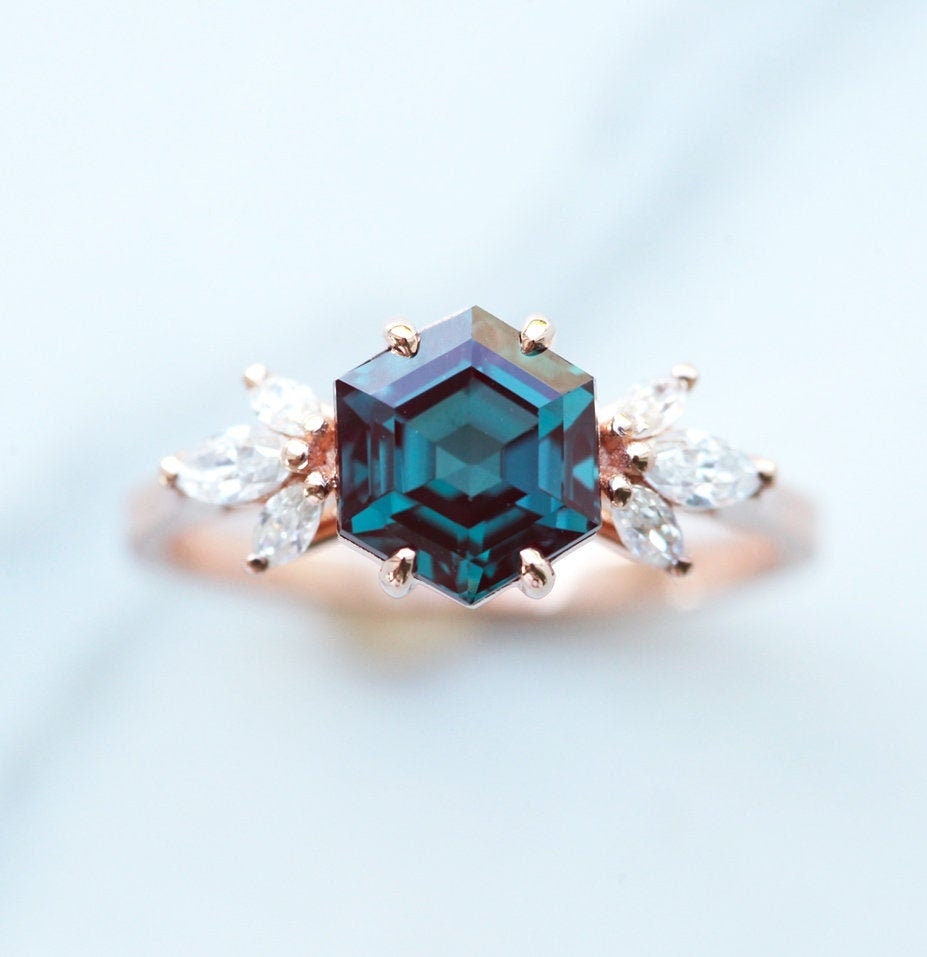 Teal Hexagon Alexandrite Engagement Ring Set with Side Marquise-Cut White Diamonds and Complementary V-Shaped Band