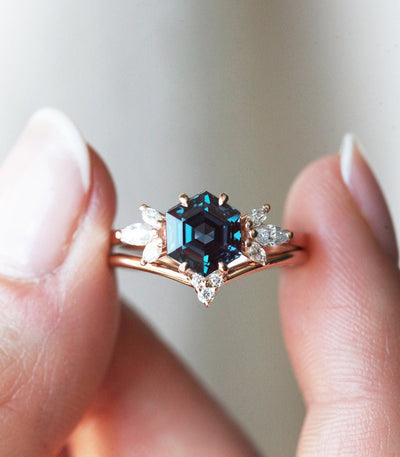 Teal Hexagon Alexandrite Engagement Ring Set with Side Marquise-Cut White Diamonds and Complementary V-Shaped Band