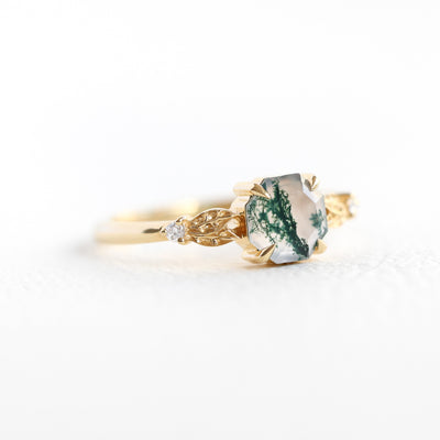 Hexagon Moss Agate Ring with Leaf Band in 18k Yellow Gold, Ready To Ship.