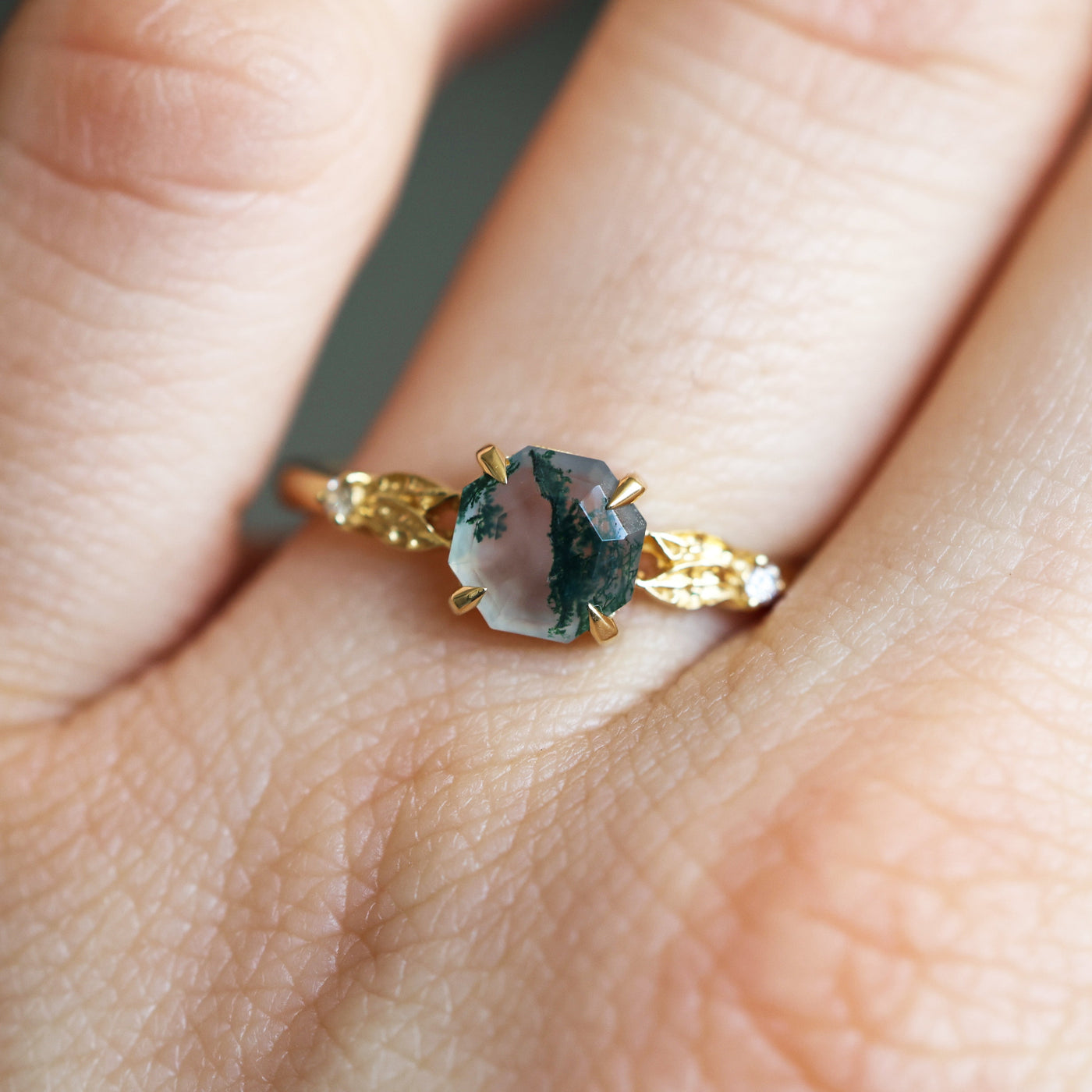 Hexagon Moss Agate Ring with Leaf Band, Ready to Ship in 18k Yellow Gold.