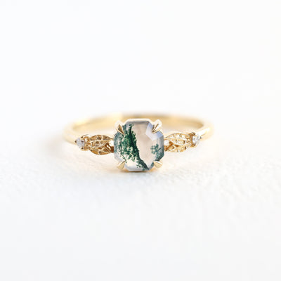 Hexagon Moss Agate Ring with Leaf Band in 18k Yellow Gold, Ready To Ship.