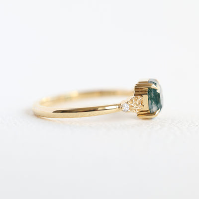 Hexagon Moss Agate Ring with Leaf Band in 18k Yellow Gold, Ready To Ship.