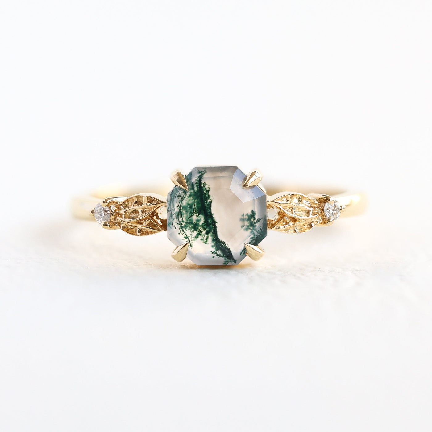 Hexagon Moss Agate Ring with Leaf Band in 18k Yellow Gold, Ready To Ship.