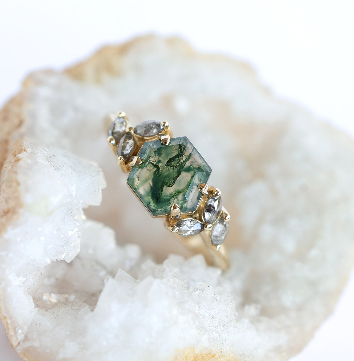 Hexagon Moss Agate Ring with Accent Marquise-Cut Salt & Pepper Diamonds