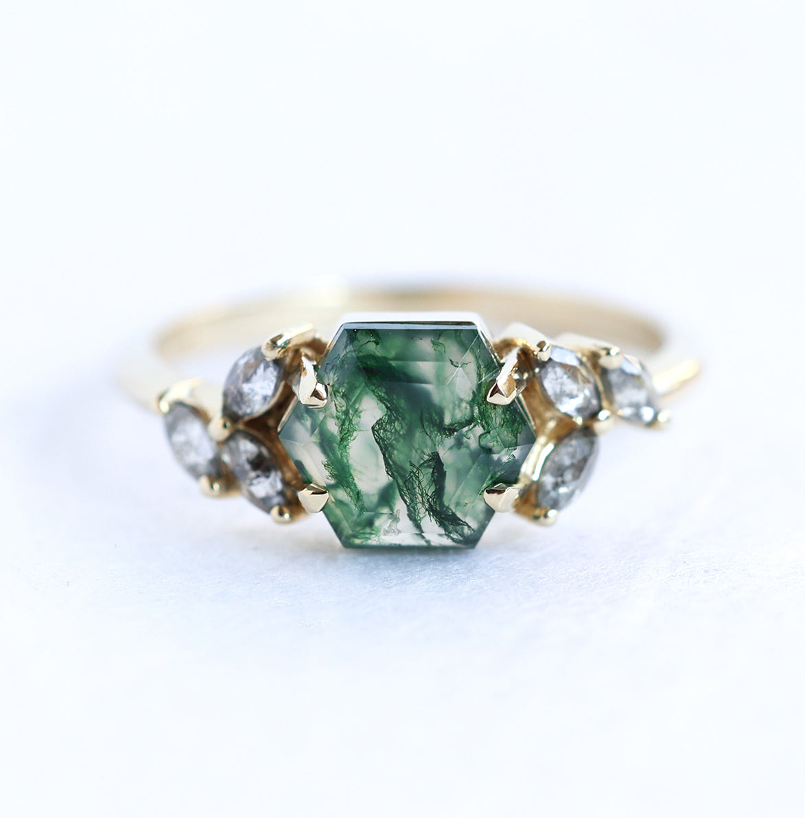 Hexagon Moss Agate Ring with Accent Marquise-Cut Salt & Pepper Diamonds