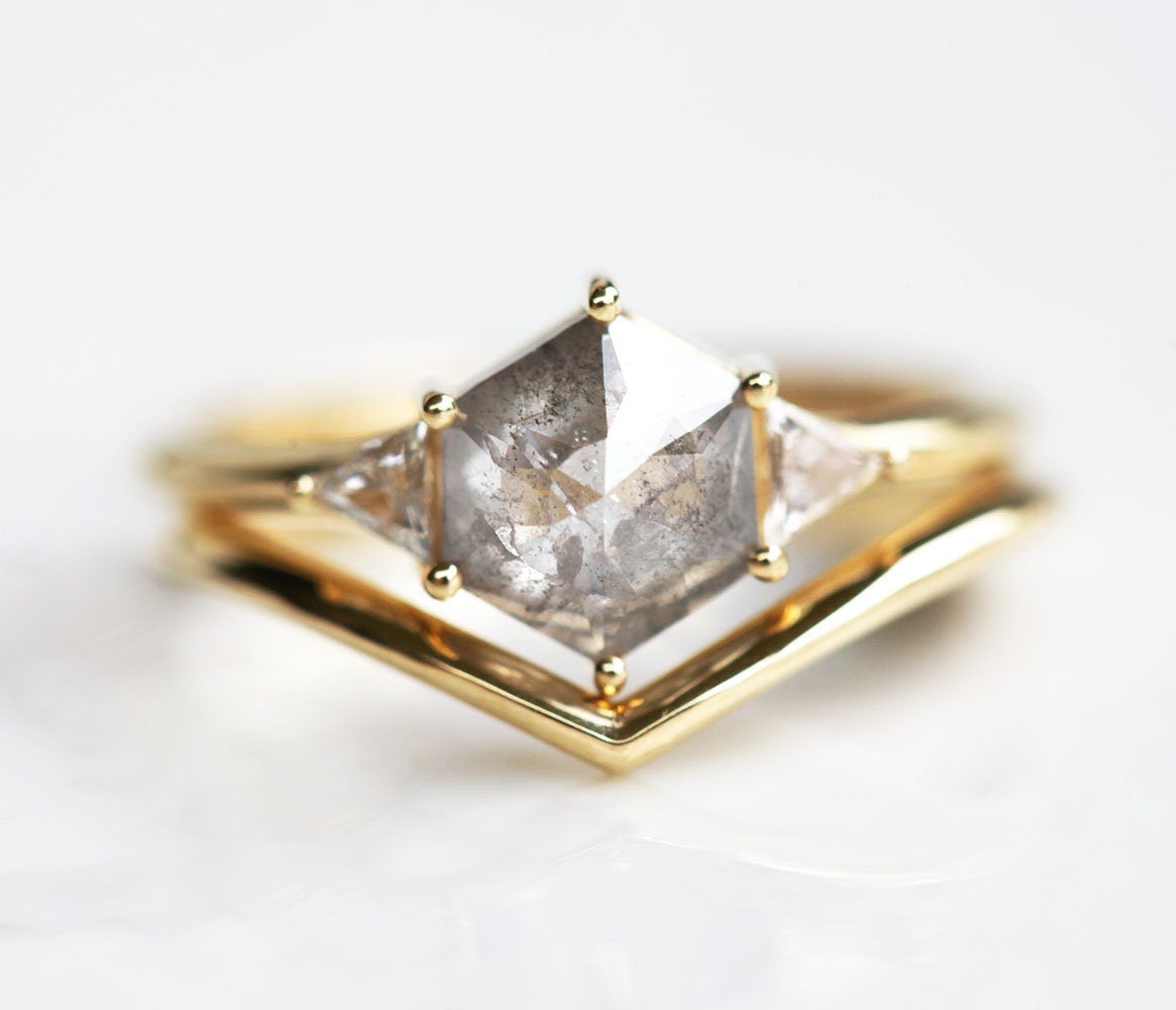 Hexagon Salt Pepper Ring With Side Triangle White Diamond and an Additional Yellow Gold Ring