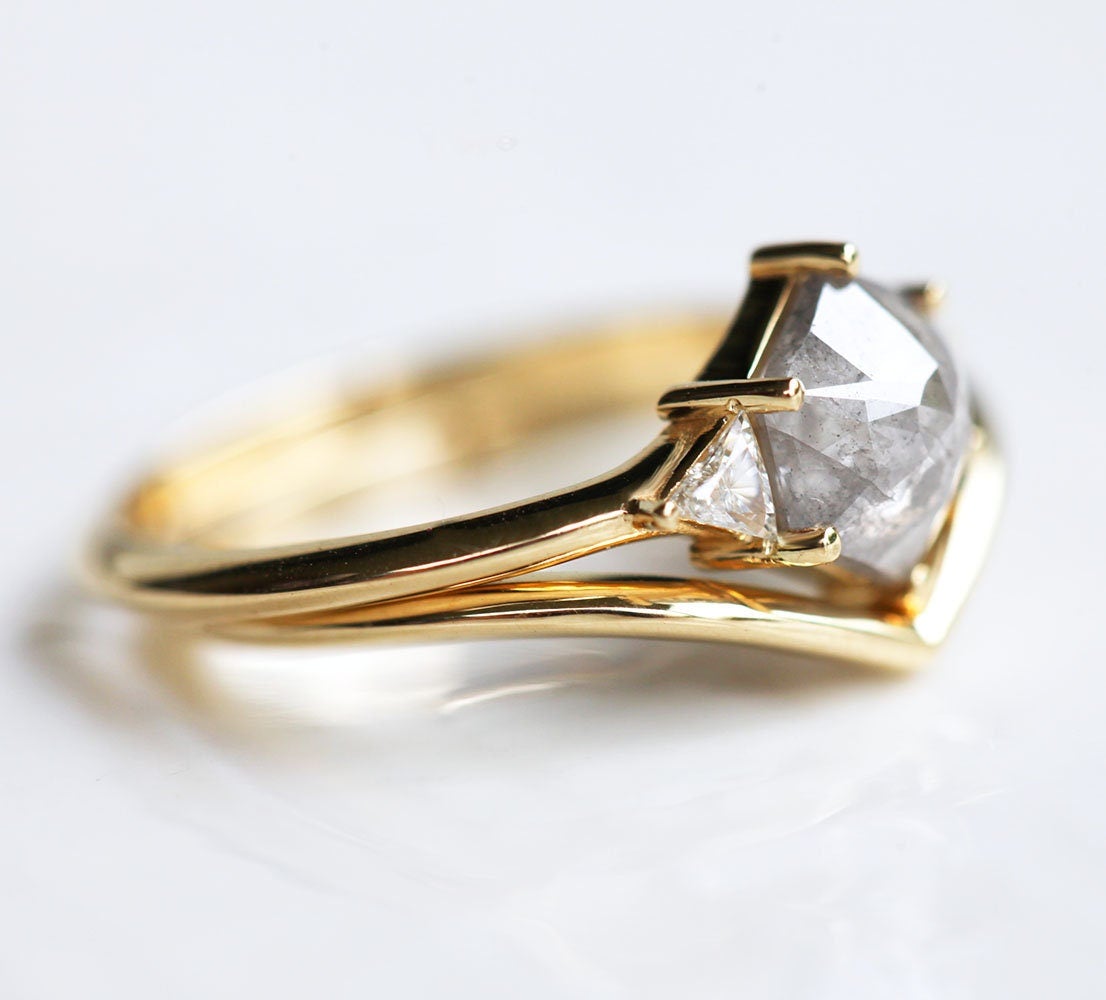 Hexagon Salt Pepper Ring With Side Triangle White Diamond and an Additional Yellow Gold Ring