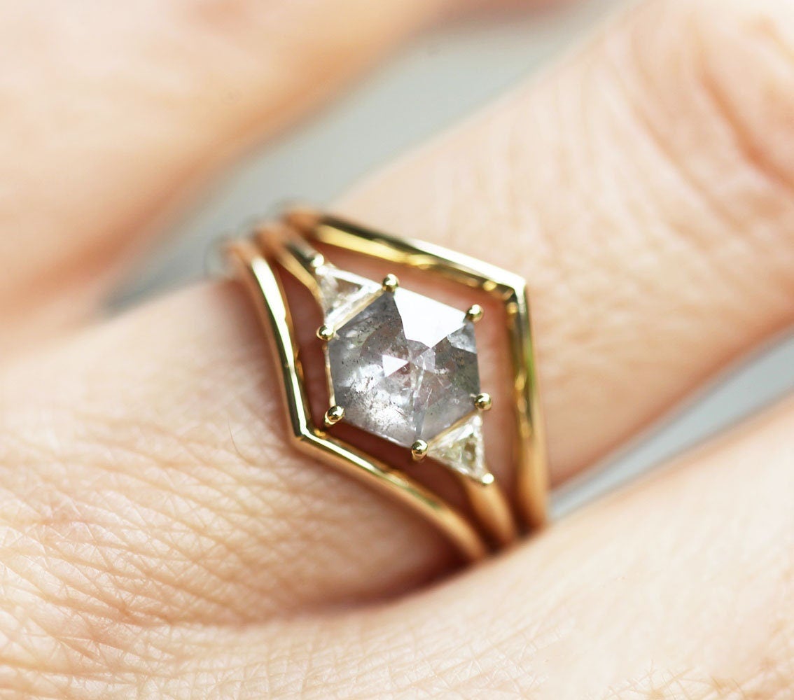 Hexagon Salt Pepper Ring With Side Triangle White Diamond and 2 Additional Yellow Gold Rings