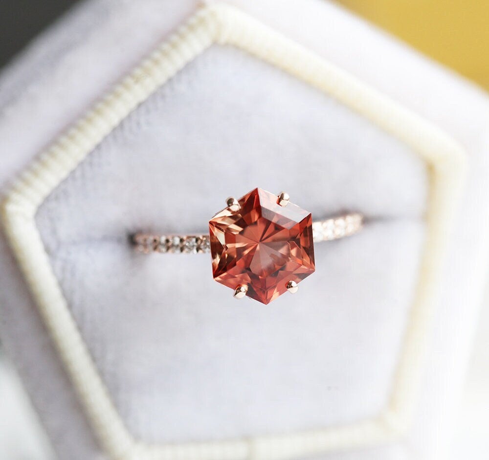 HEXAGON SUNSTONE RING, UNIQUE OREGON SUNSTONE ENGAGEMENT RING, GEOMETRIC SUNSTONE RING-Capucinne