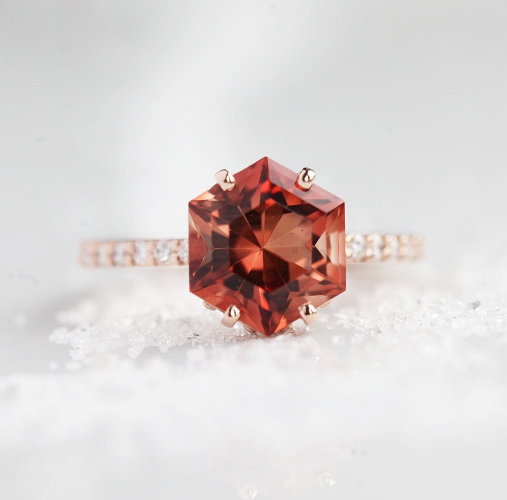 HEXAGON SUNSTONE RING, UNIQUE OREGON SUNSTONE ENGAGEMENT RING, GEOMETRIC SUNSTONE RING-Capucinne