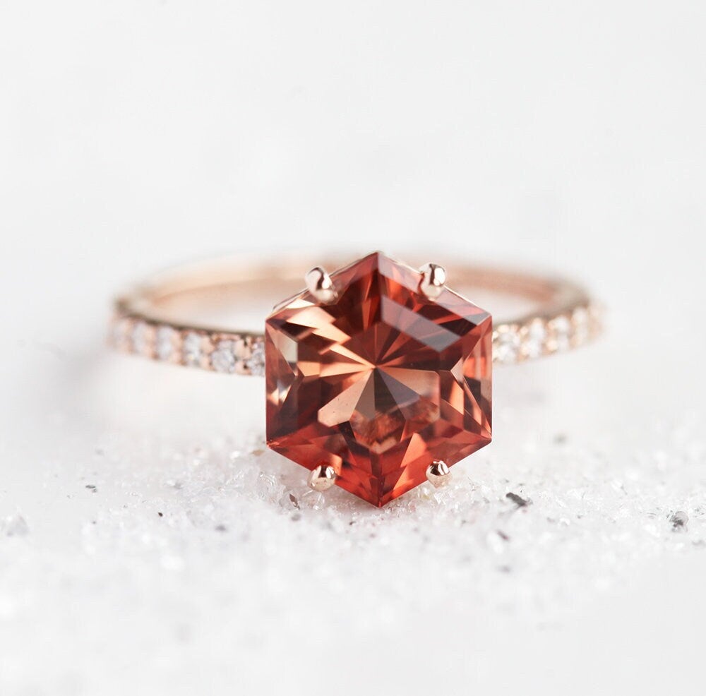 HEXAGON SUNSTONE RING, UNIQUE OREGON SUNSTONE ENGAGEMENT RING, GEOMETRIC SUNSTONE RING-Capucinne