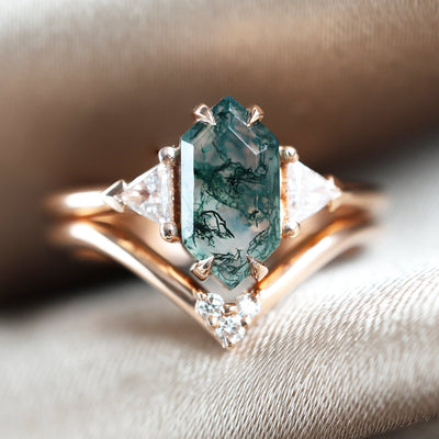 Hexagon Moss Agate Ring Set with Diamonds, featuring a hexagon-cut Moss Agate engagement ring with triangle white diamonds.