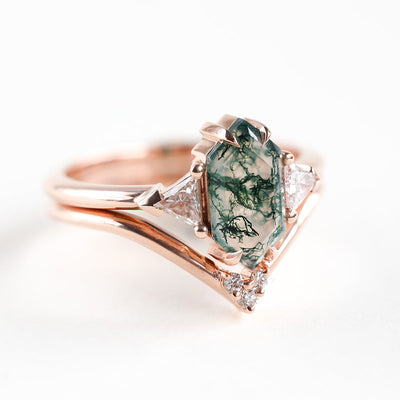 Hexagon-cut Moss Agate engagement ring with triangle diamonds. Geometric organic wedding ring.