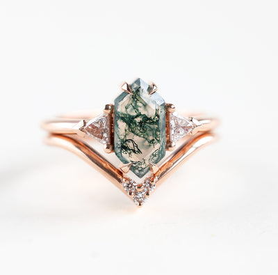 Hexagon Moss Agate Engagement Ring with Triangle Diamonds, Unique Geometric Wedding Set.