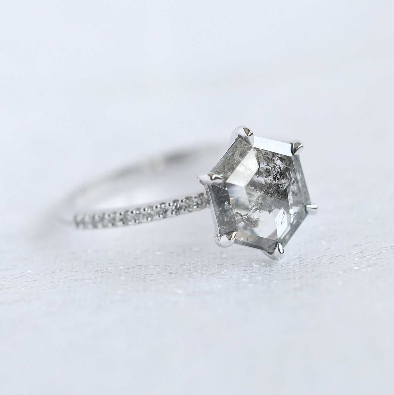Hexagon Salt And Pepper Diamond Ring With Pave Diamond Band