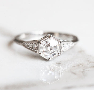 Hexagon White Diamond Vintage Ring with side Diamonds