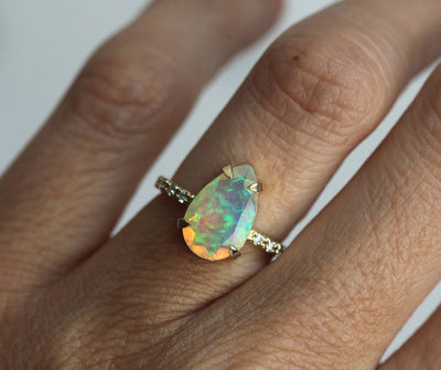 Pear White Opal Ring with Half Eternity Pave Diamonds