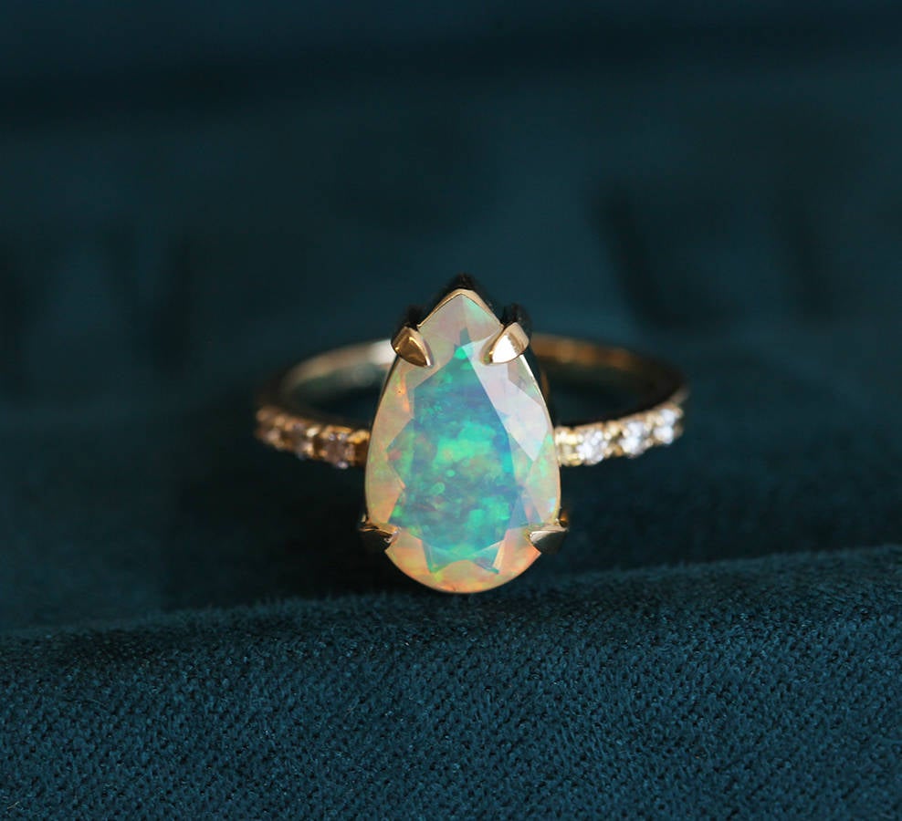 Pear White Opal Ring with Half Eternity Pave Diamonds