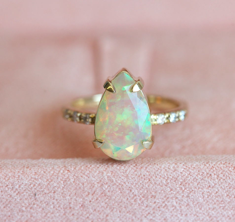 Pear White Opal Ring with Half Eternity Pave Diamonds