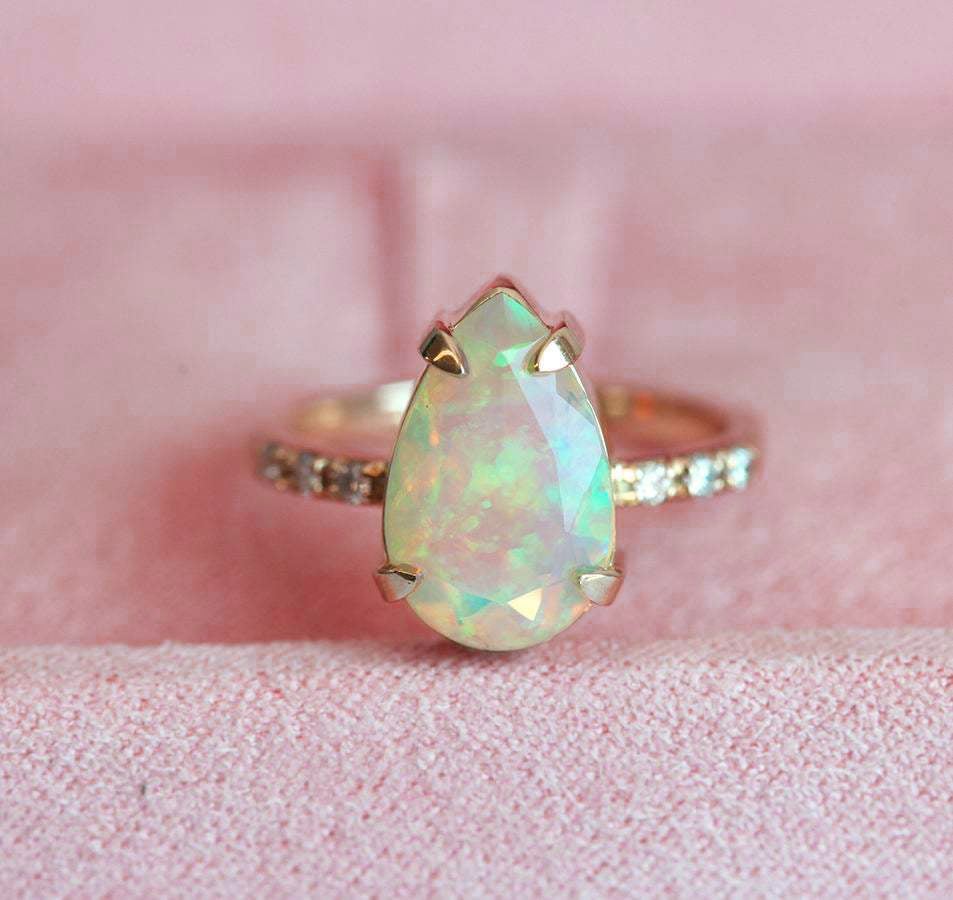 Pear White Opal Ring with Half Eternity Pave Diamonds