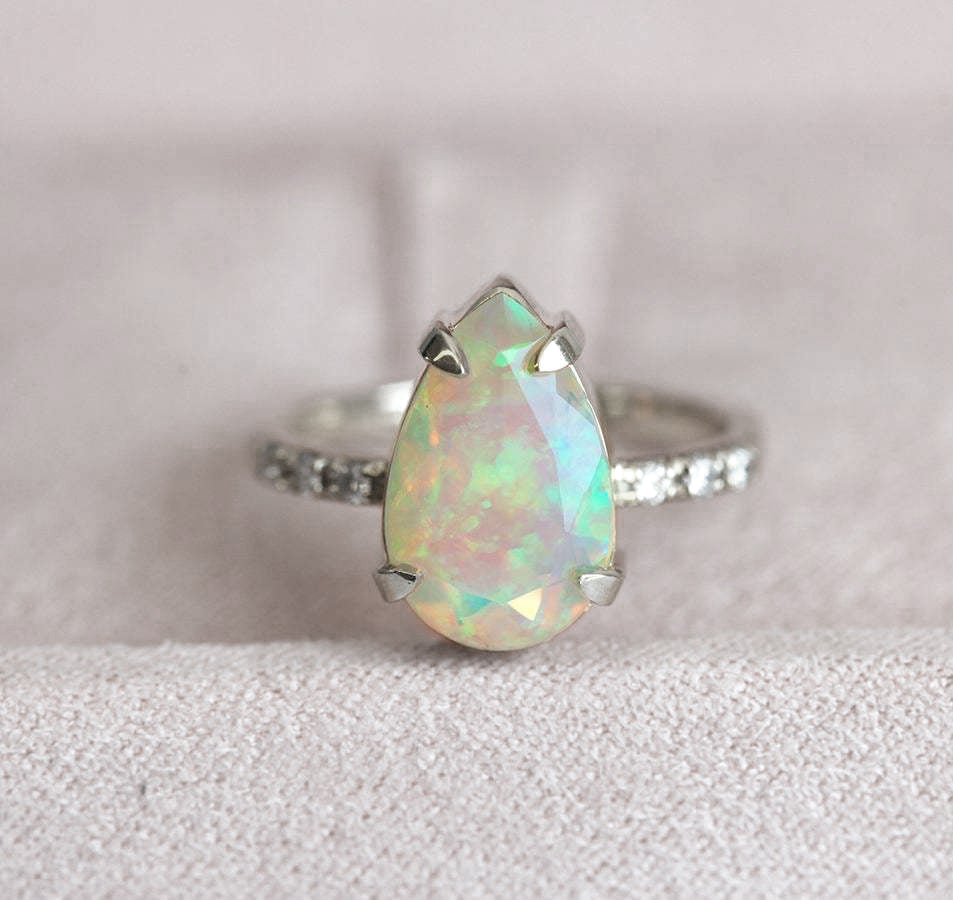 Pear White Opal Ring with Half Eternity Pave Diamonds