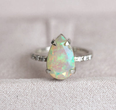 Pear White Opal Ring with Half Eternity Pave Diamonds