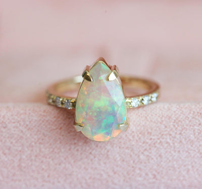 Pear White Opal Ring with Half Eternity Pave Diamonds