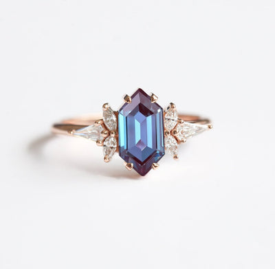 Purple Hexagon Lab Grown Alexandrite Ring with Side Marquise-Cut and Kite White Diamonds