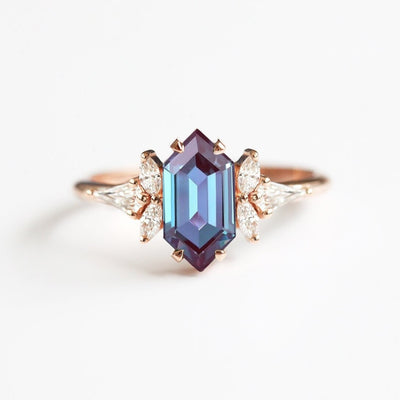 Purple Hexagon Lab Grown Alexandrite Ring with Side Marquise-Cut and Kite White Diamonds
