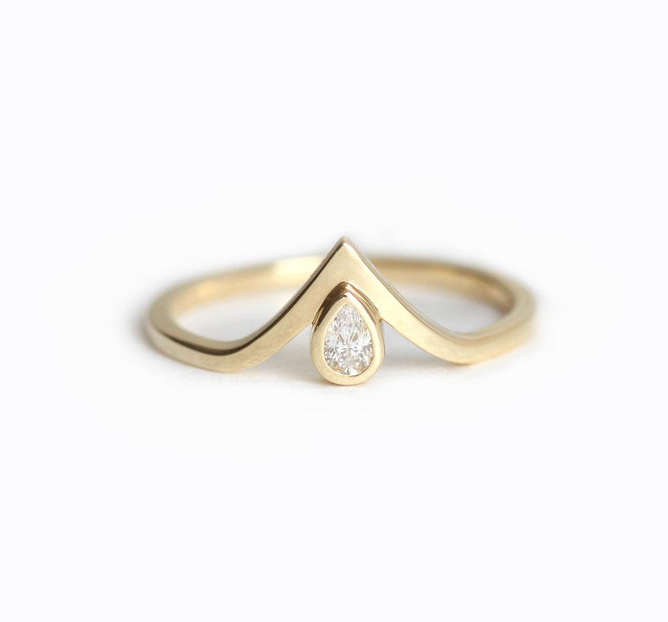 Pear White Diamond Solitaire V-Shape curved Ring