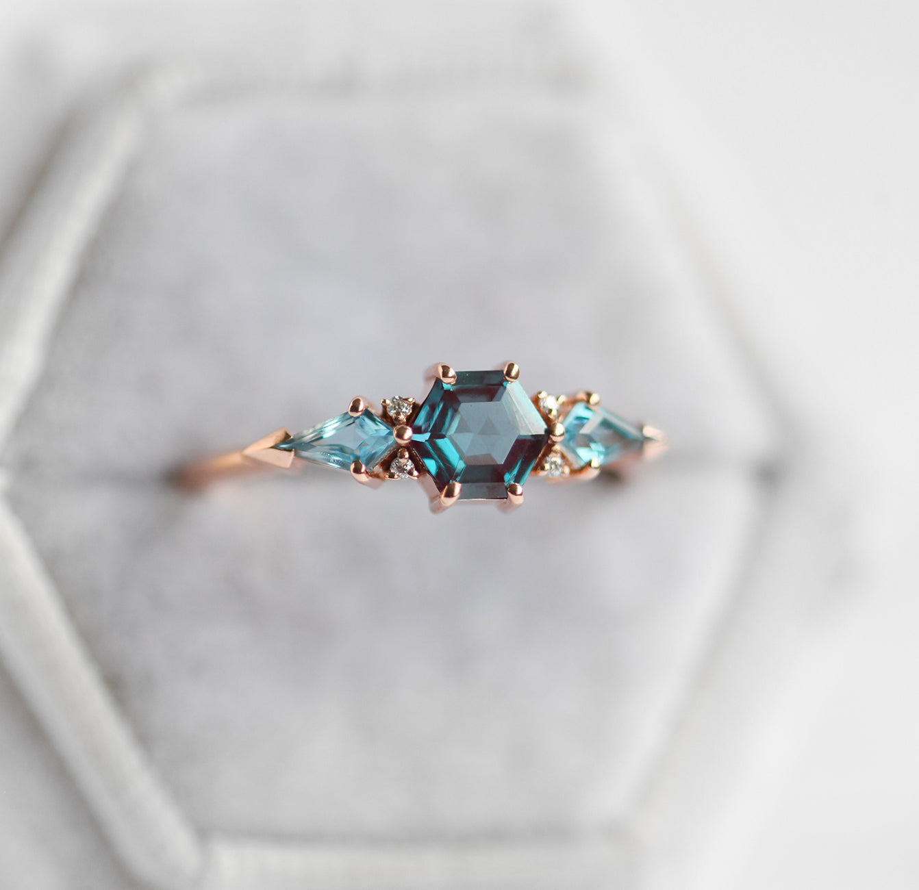 Teal Hexagon Alexandrite Cluster Ring with 2 Side Blue Topaz Stones and 4 White Round Diamonds