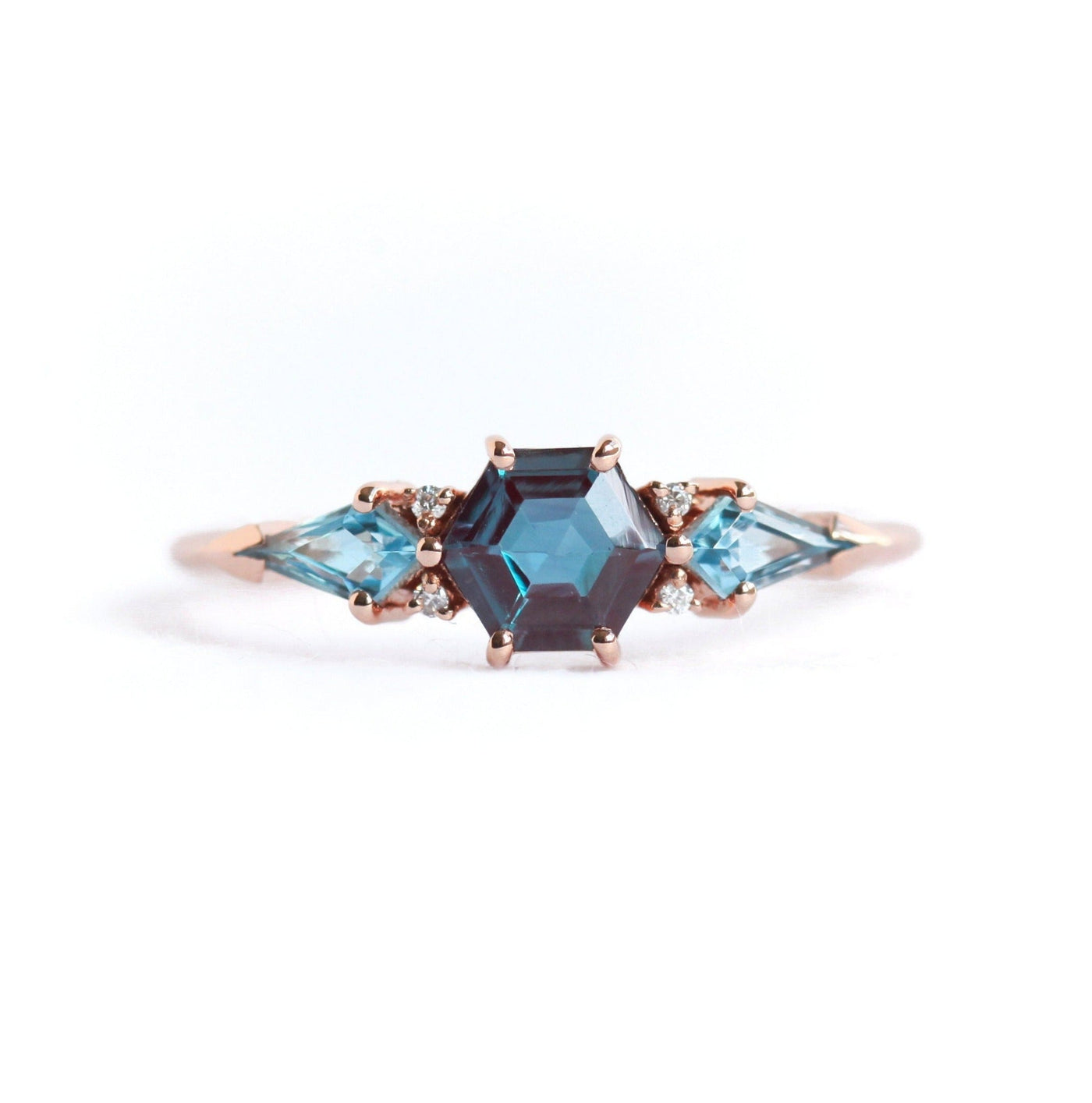 Teal Hexagon Alexandrite Cluster Ring with 2 Side Blue Topaz Stones and 4 White Round Diamonds