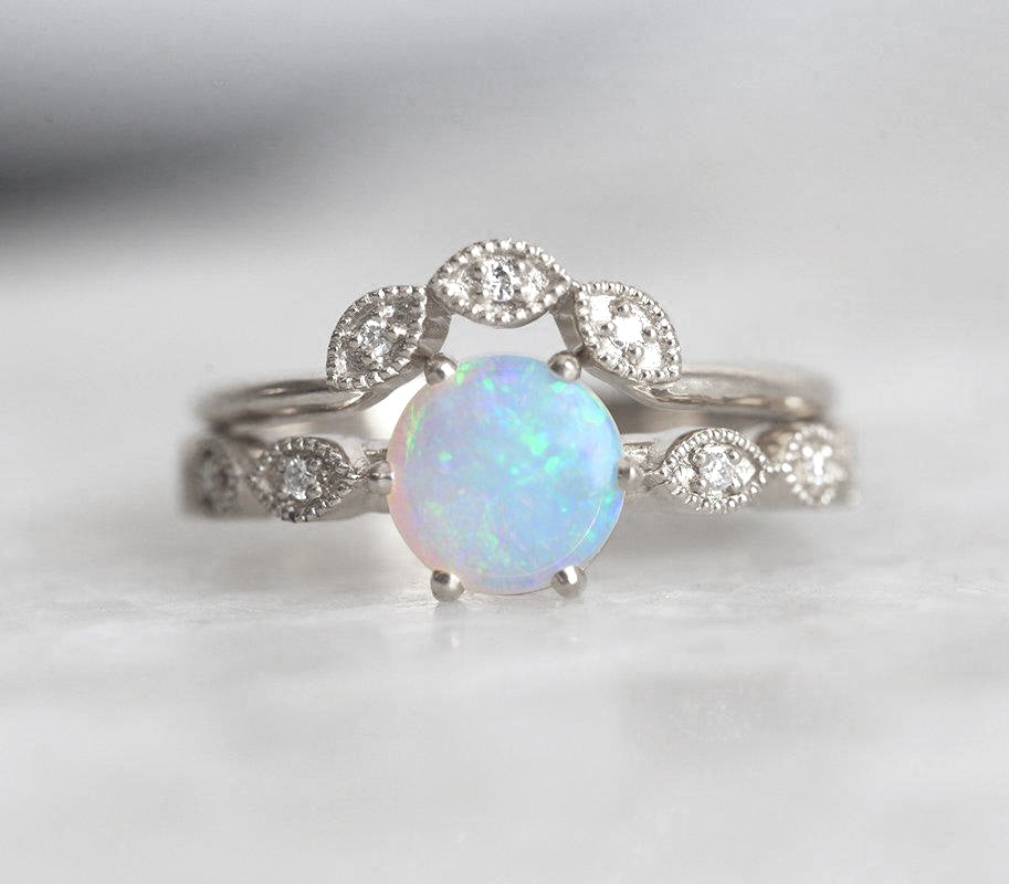 Round White Opal Ring with Pave Style Band Filled With Round White Diamonds, Additional Crown Gold Ring