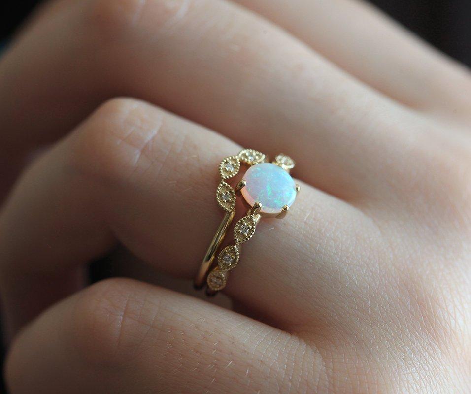 Round White Opal Ring with Pave Style Band Filled With Round White Diamonds, Additional Crown Gold Ring
