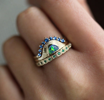 Three-Ring Half Moon Opal Set with Round Sapphire and Emeralds