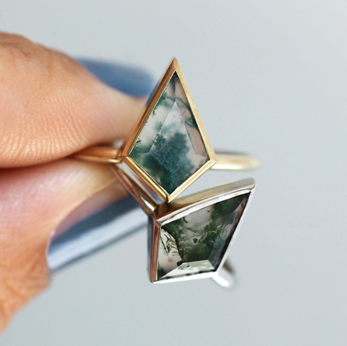 2 Kite Moss Agate, Yellow and White Gold Ring Set