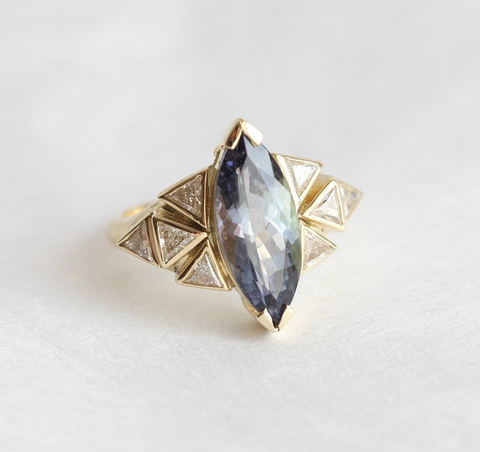 Bicolor Marquise-Cut Tanzanite Cluster Ring with Trillion-Cut White Diamonds