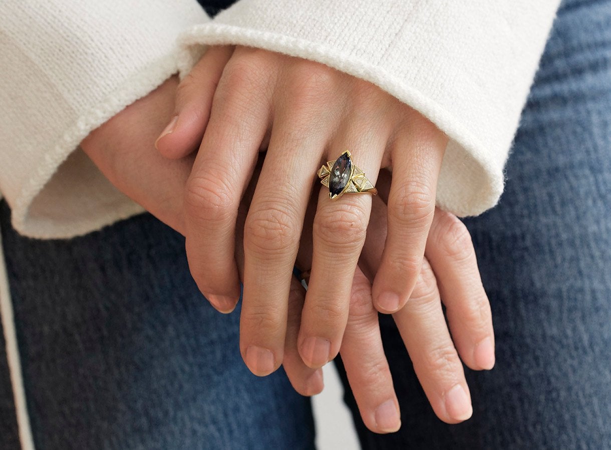 Bicolor Marquise-Cut Tanzanite Cluster Ring with Trillion-Cut White Diamonds