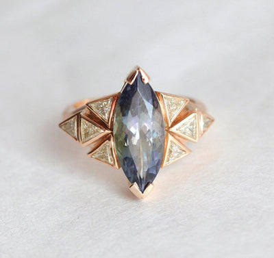 Bicolor Marquise-Cut Tanzanite Cluster Ring with Trillion-Cut White Diamonds