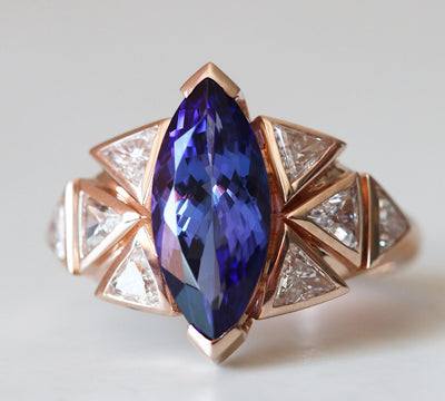 Bicolor Marquise-Cut Tanzanite Cluster Ring with Trillion-Cut White Diamonds