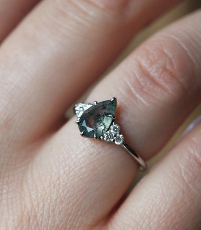 Pear Moss Agate Engagement Ring with Side Round White Diamonds