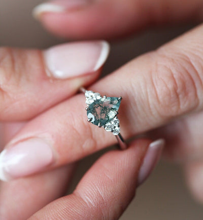 Pear Moss Agate Engagement Ring with Side Round White Diamonds